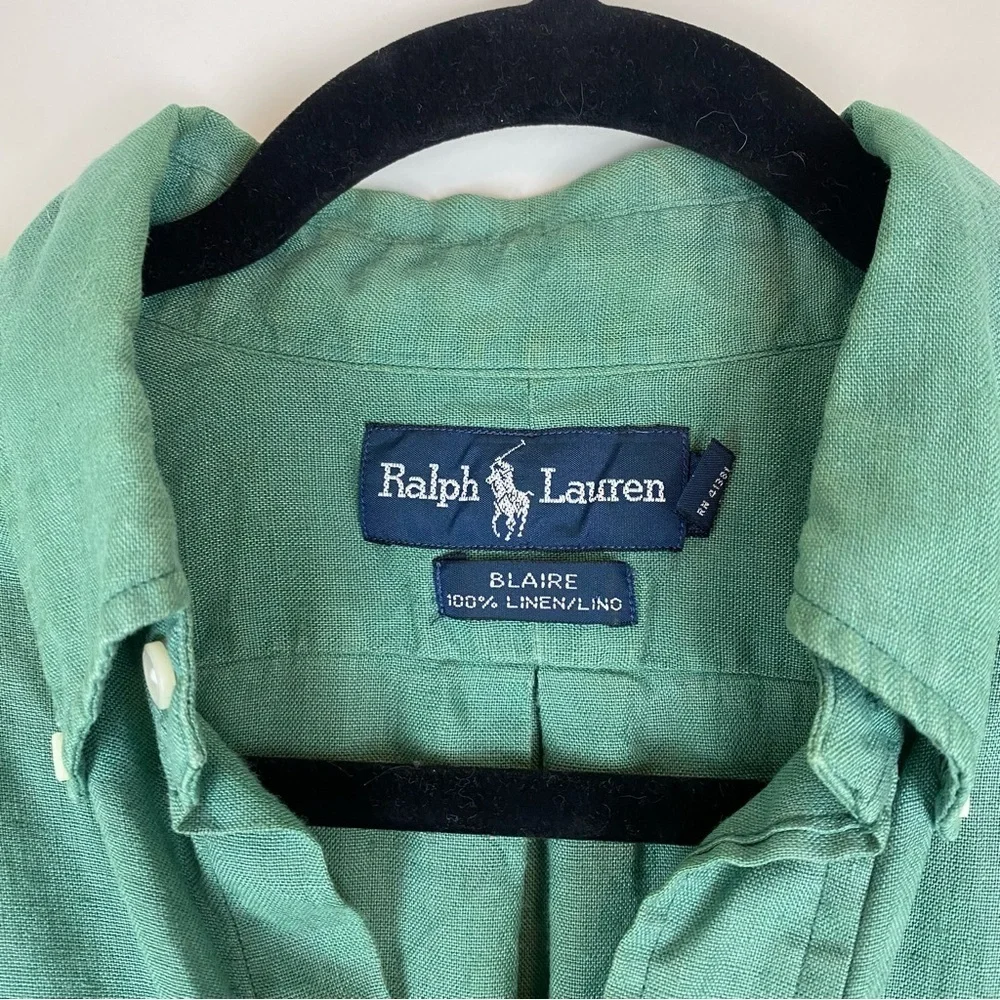 Vintage Ralph Lauren Men Blaire Linen Green Button Down Shirt size Small